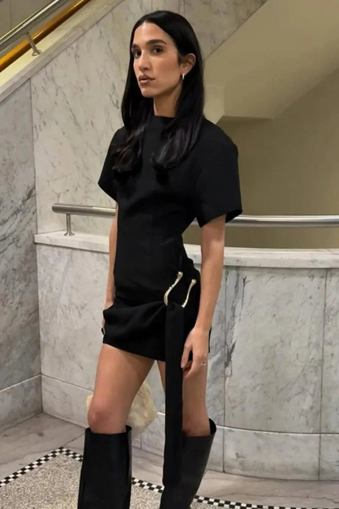 Glorol - Short Sleeve Metal Buckle O Neck Bodycon Mini Dress