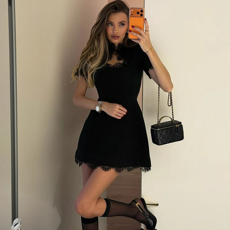 Glorol - Lace Patchwork Hollow Out High Waist Mini Dress