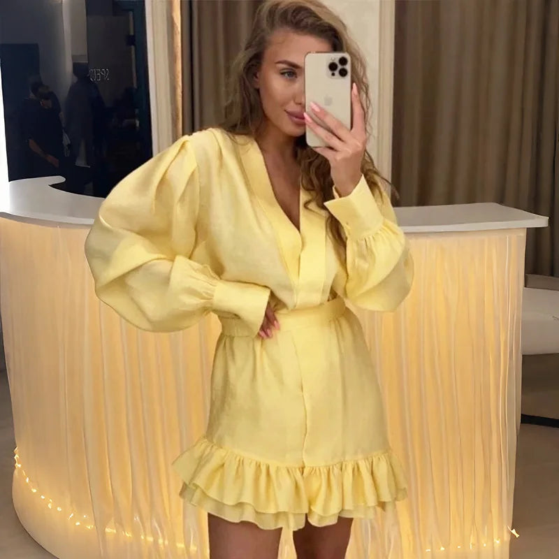 Glorol - Elegant Patchwork Long Sleeve Mini Dress