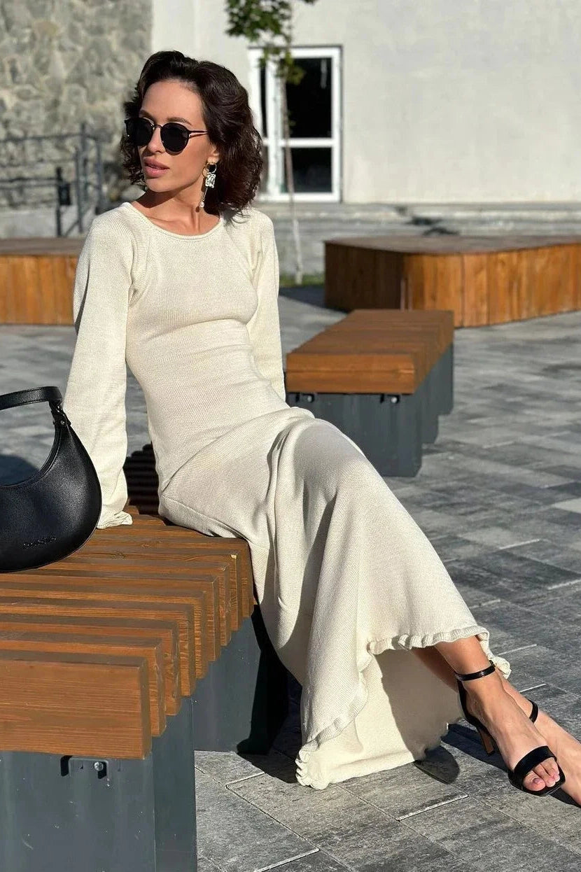 Glorol - Knitted Backless Lace Up High Waist Maxi Dress