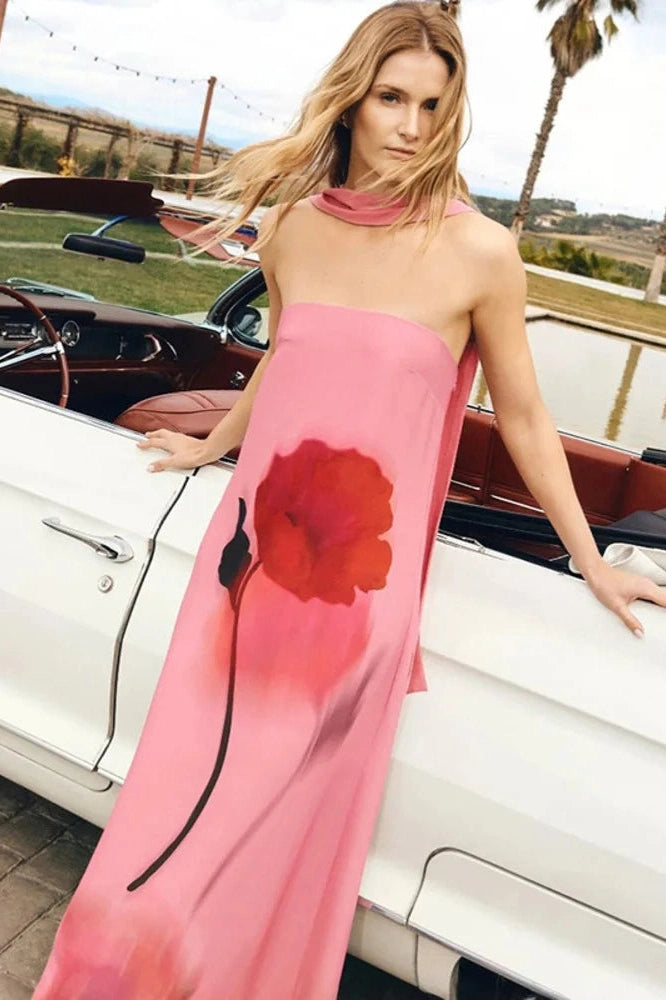Glorol - Printed Scarf Collar Off-Shoulder Sleeveless Backless Maxi Dress