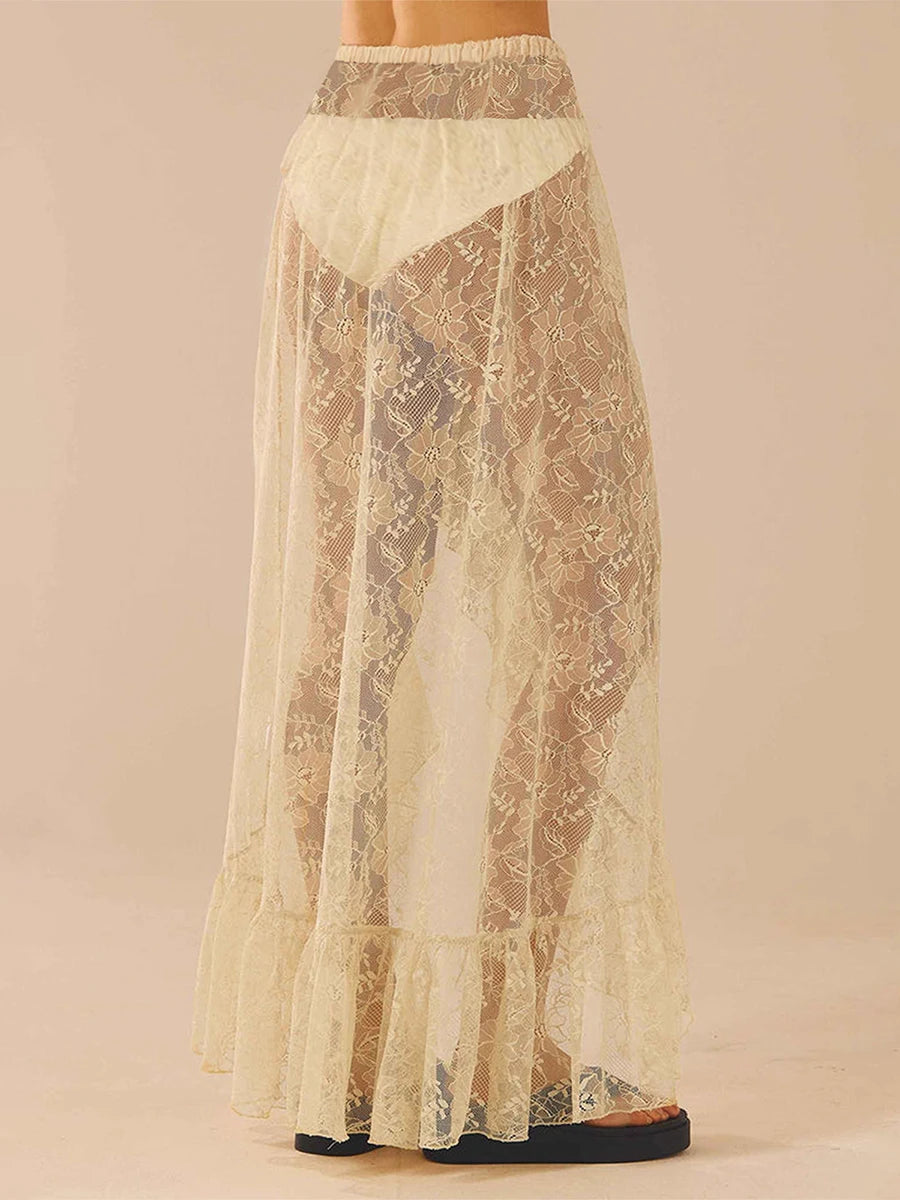 Glorol - High Waist See Through Lace Skirt