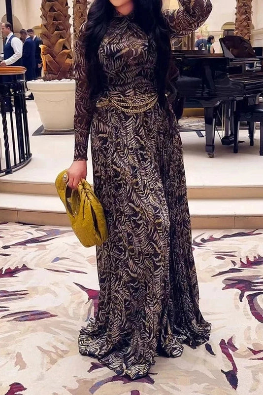 Glorol - Long Sleeve Printed Slim Pleated High Waist Maxi Dress