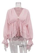 Glorol - Lace-Up V-Neck Loose Patchwork Top