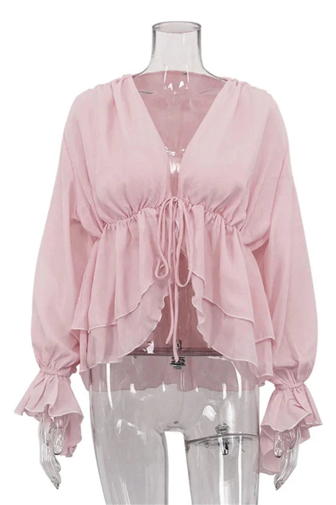 Glorol - Lace-Up V-Neck Loose Patchwork Top