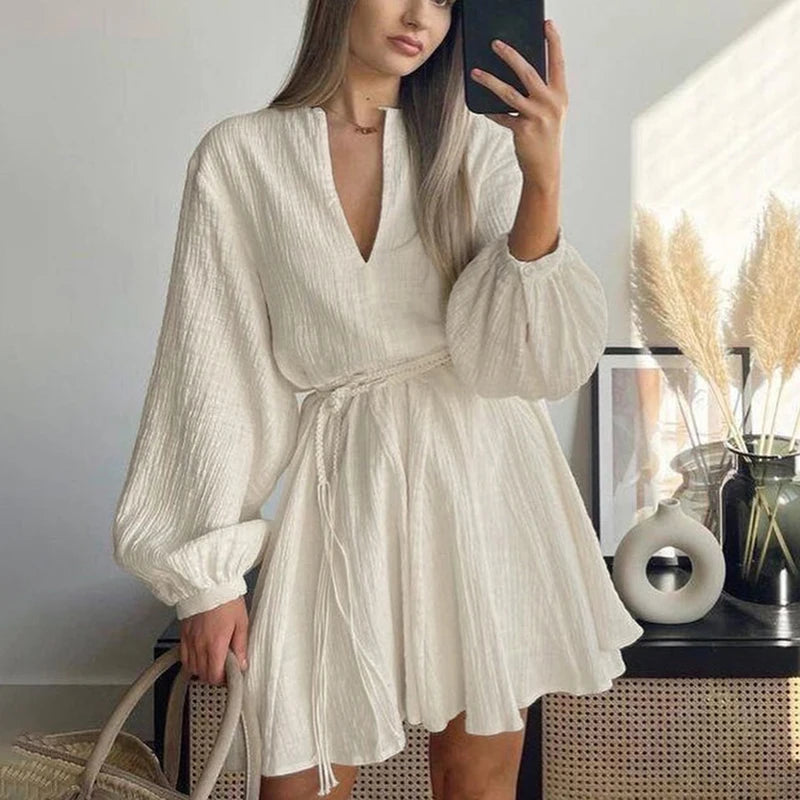 Glorol - Long Sleeve V Neck Lace Up A-Line Mini Dress