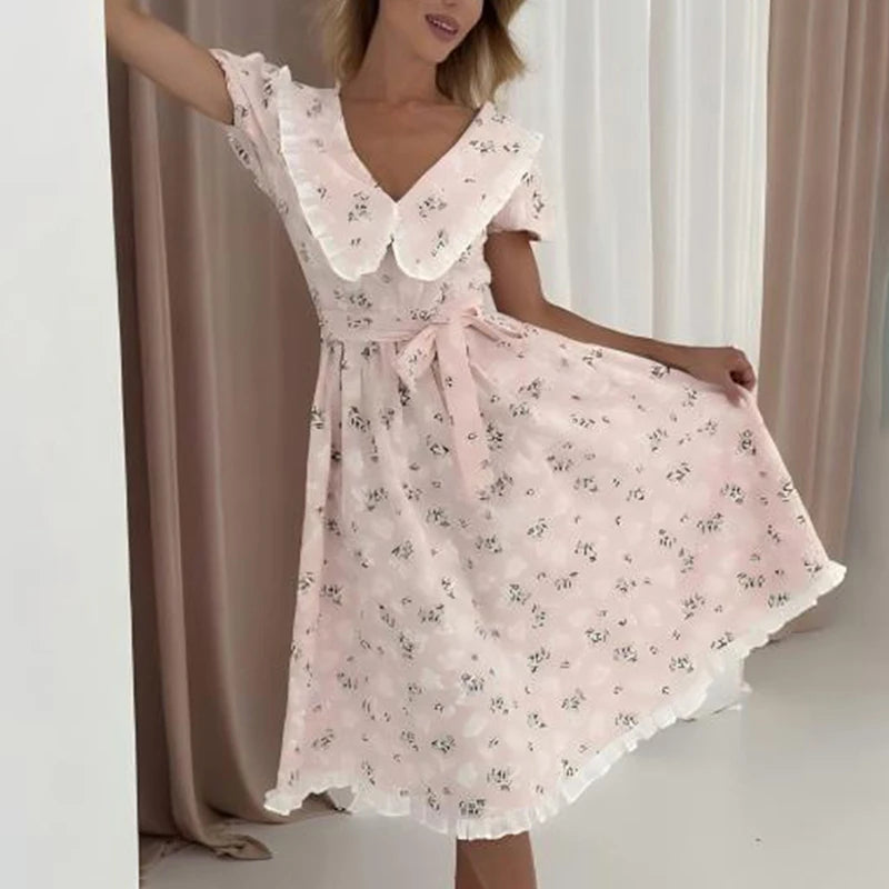 Glorol - Printed Short Sleeve Lace-Up Midi Dress