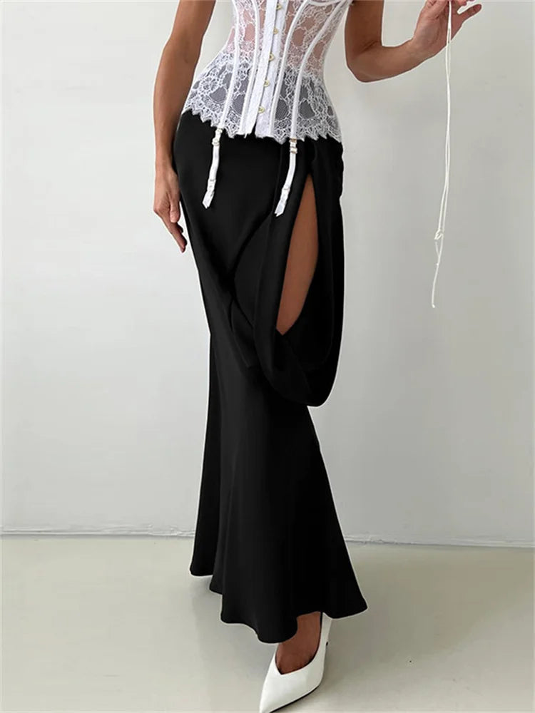 Glorol - High Waist Hollow Out Patchwork See-Through Skirt