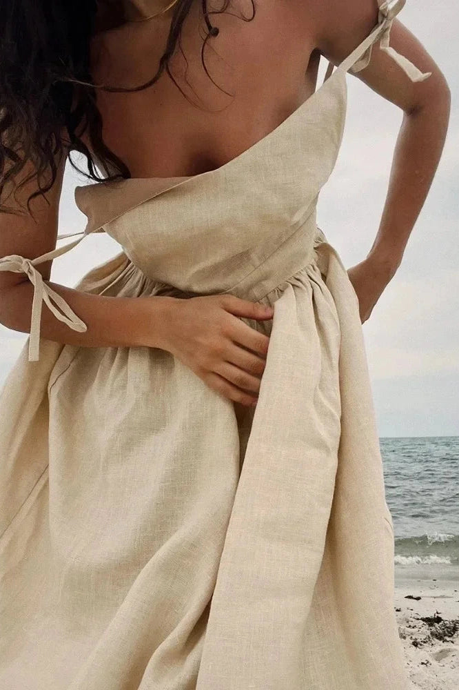 Glorol - Elegant Backless V Neck Midi Dress