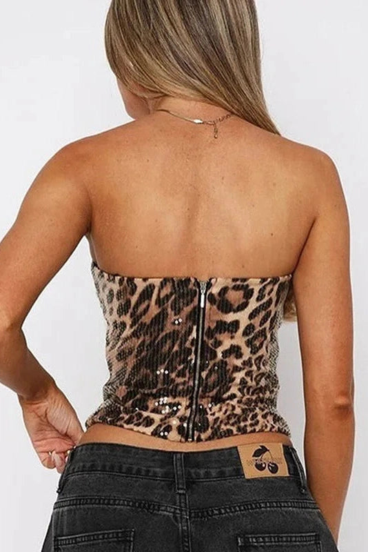 Glorol - Printed Strapless Zipper High Waist Sleeveless Top