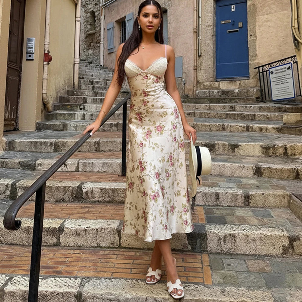 Glorol - Elegant Print Patchwork Backless Midi Dress