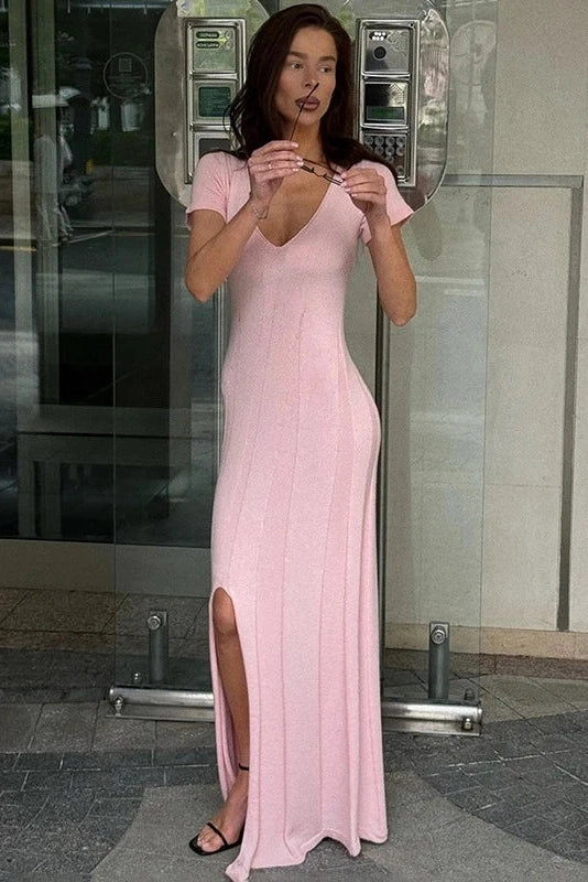 Glorol - Short-Sleeved Knitted V-Neck Slit Slim Maxi Dress