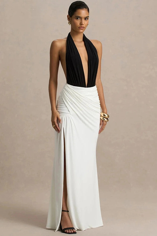 Glorol - Backless Patchwork Deep V Neck Sleeveless High Waist Split Maxi Dress