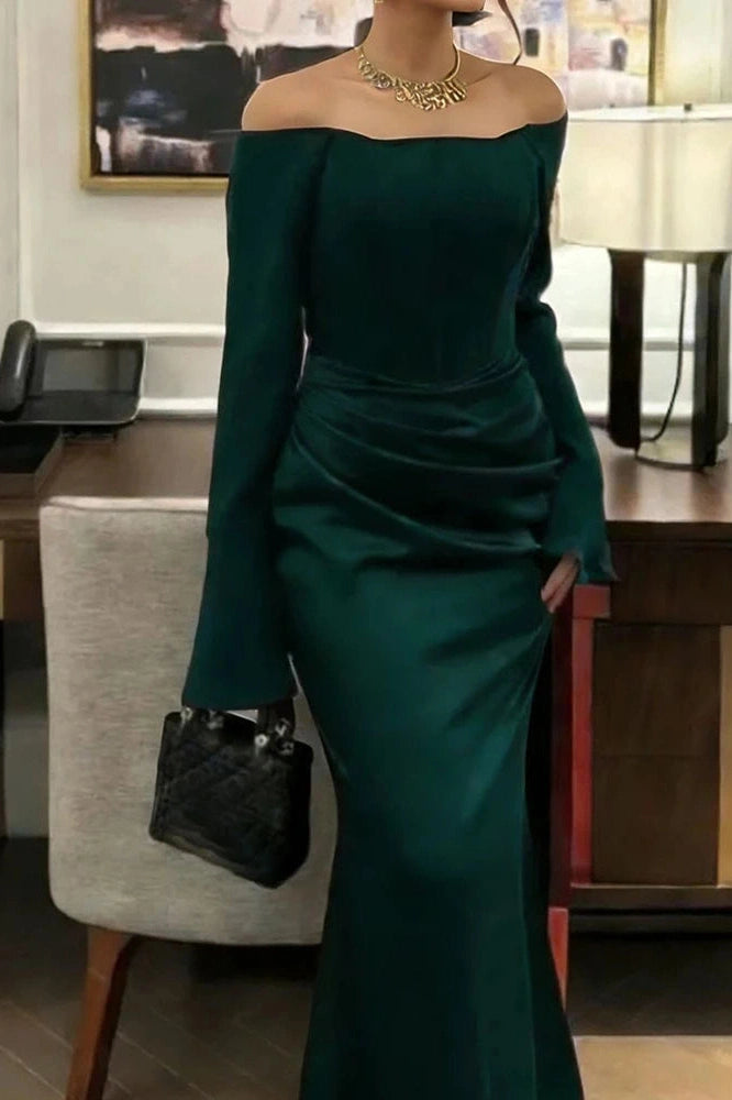Glorol - Elegant Off-Shoulder High Waist Pleated Maxi Dress