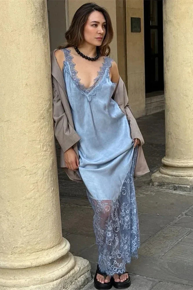V-Neck Lace Patchwork Sleeveless Printed Slim Maxi Dress