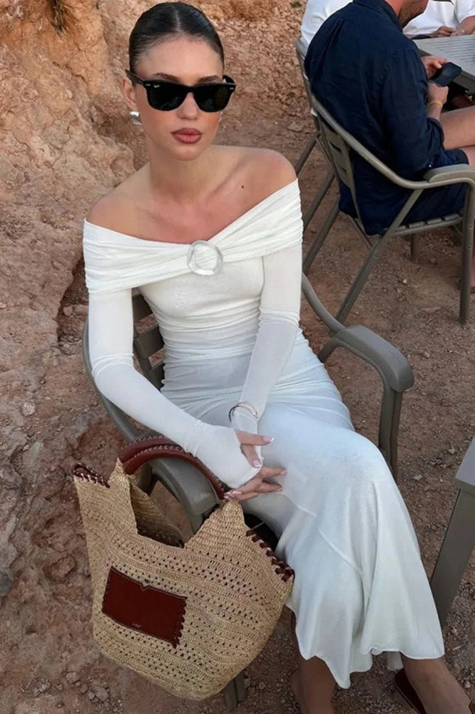 Glorol - Off-shoulder Strapless Long Sleeve Backless Maxi Dress