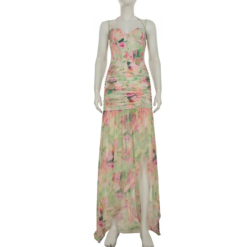 Glorol - Spaghetti Strap High Waist Slim Maxi Dress