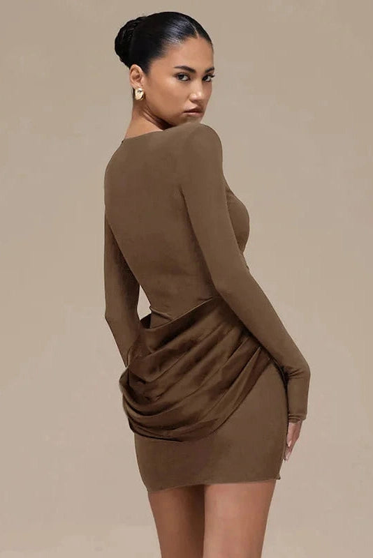 Glorol - Elegant Pleated Slim Round Neck Long Sleeve Mini Dress