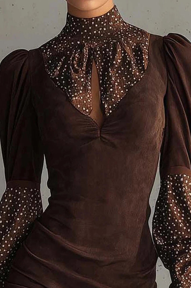 Glorol - Elegant Hollow Out Long Sleeve High Collar Printed Mini Dress