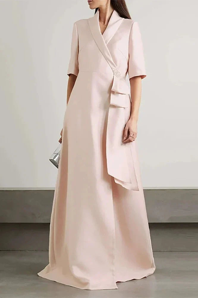 V-Neck High Waist A-Line Half Sleeve Maxi Dress