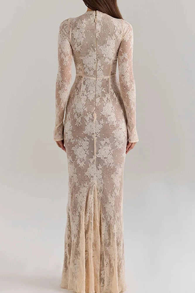 Glorol - Hollow Out O-Neck Pleated Printed Lace Long Sleeve Slim Maxi Dress
