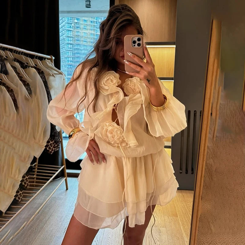 Glorol - See-Through Lace Up Long Sleeve Mini Dress