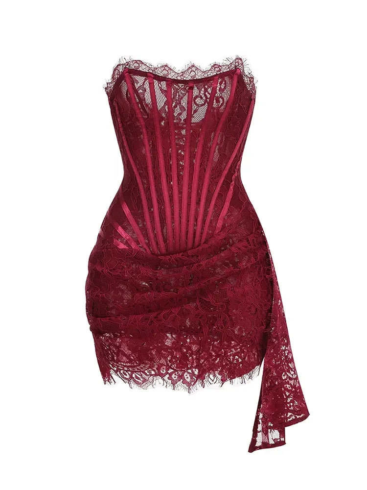Glorol - Lace See-Through Bodycon Irregular Mini Dress