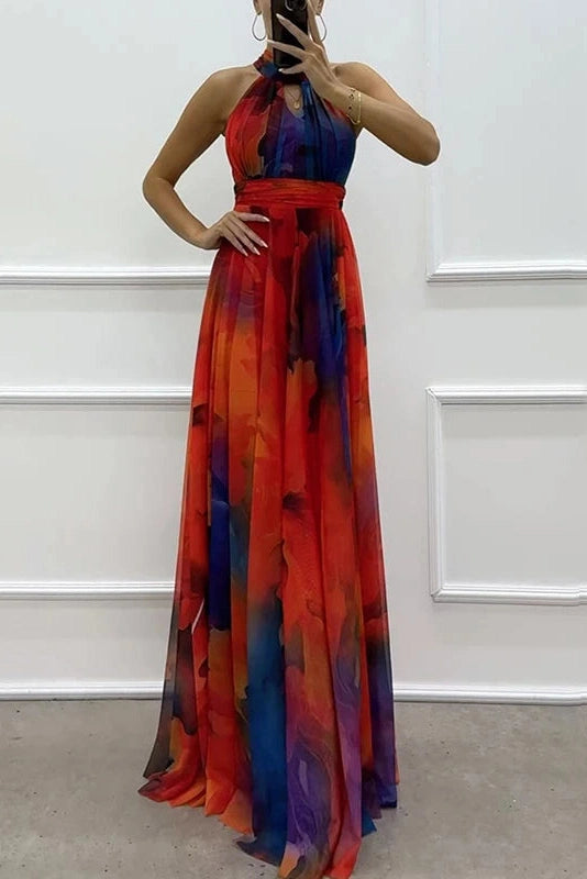 Glorol - Hollow Out Printed Sleeveless High Waist Maxi Dress