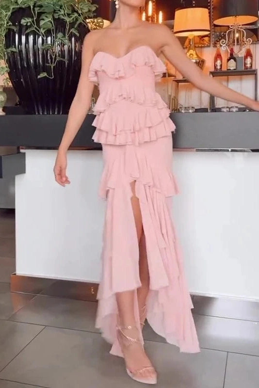 Glorol - Elegant High Waist Split Strapless Maxi Dress