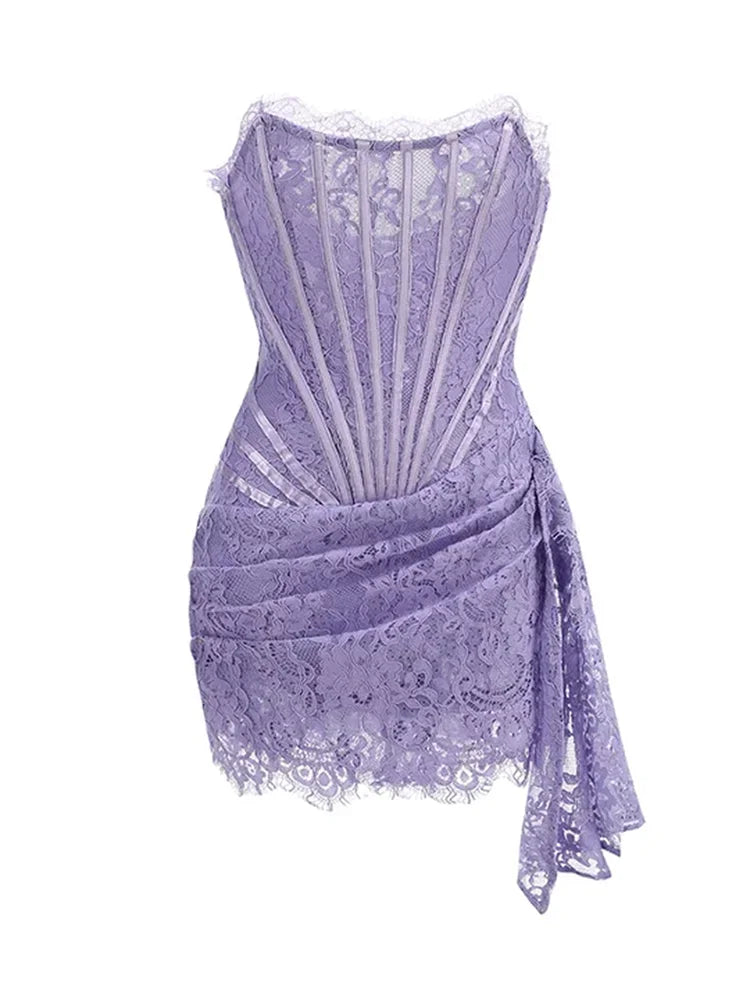 Glorol - Lace See-Through Bodycon Irregular Mini Dress