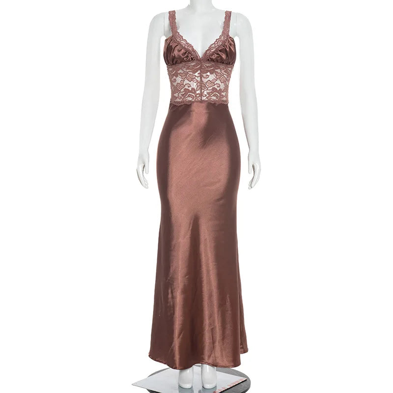 Glorol - Lace Patchwork Hollow Out Backless Maxi Dress
