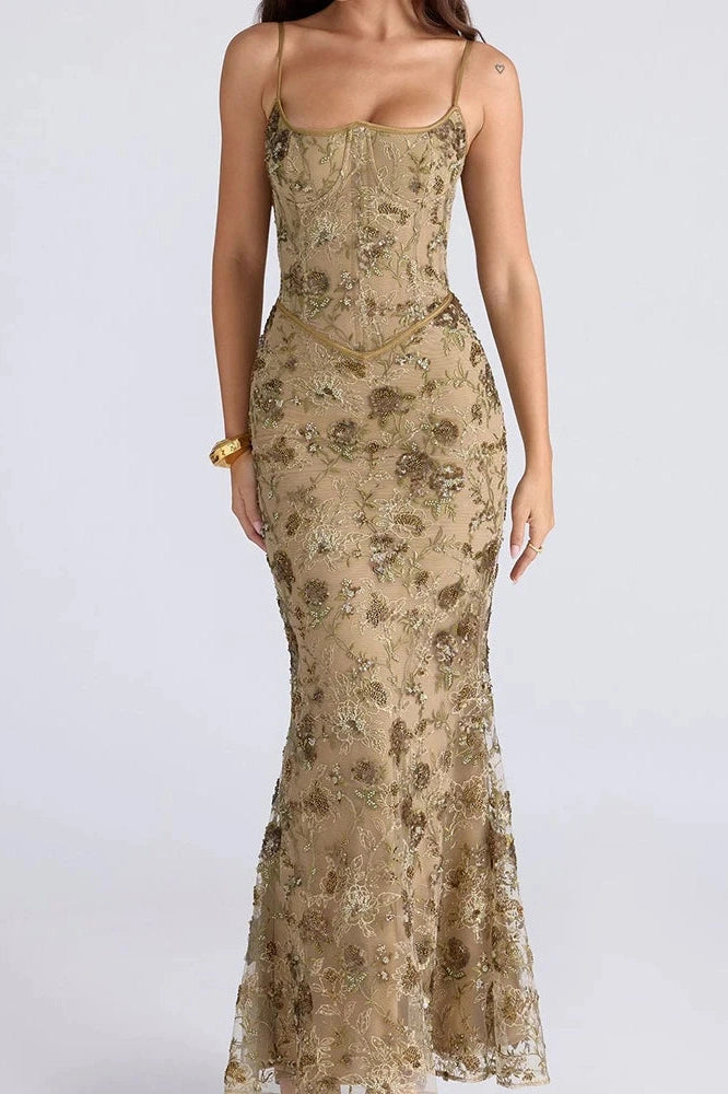 Glorol - Hollow Out Lace Embroidery Slim Backless Maxi Dress