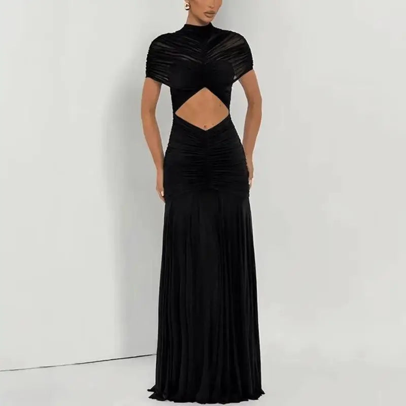 Glorol - Elegant Hollow Out Patchwork See Through Maxi Dress