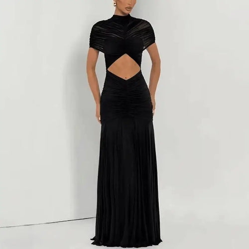 Glorol - Elegant Hollow Out Patchwork See Through Maxi Dress