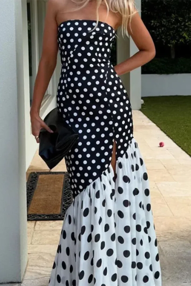 Glorol - Elegant Split Polka Dot Printed Strapless High Waist Maxi Dress
