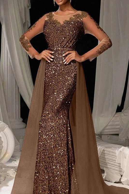 Glorol - Elegant High Waist Long Sleeve Slim V-Neck Lace Maxi Dress
