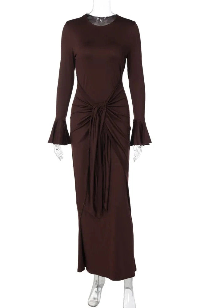 Glorol - Elegant Long Sleeve O Neck High Waist Maxi Dress