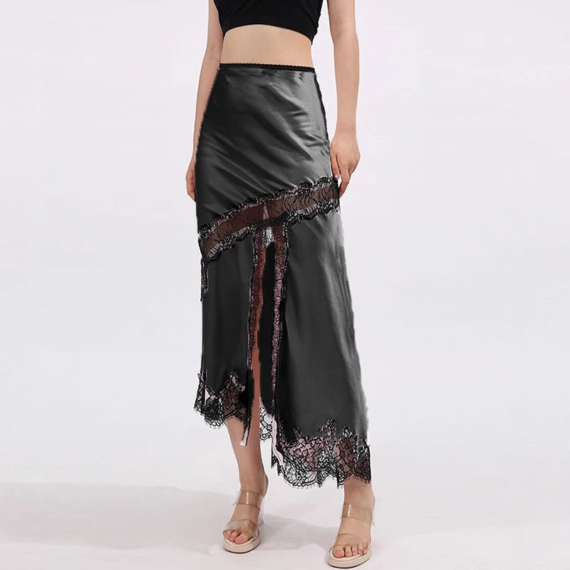 Glorol - High Waist Lace Splice Hollow Slit Skirt