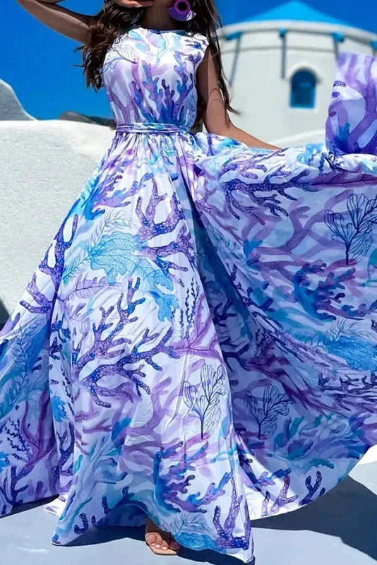 Glorol - Printed Pleated Sleeveless High Waist Maxi Dress