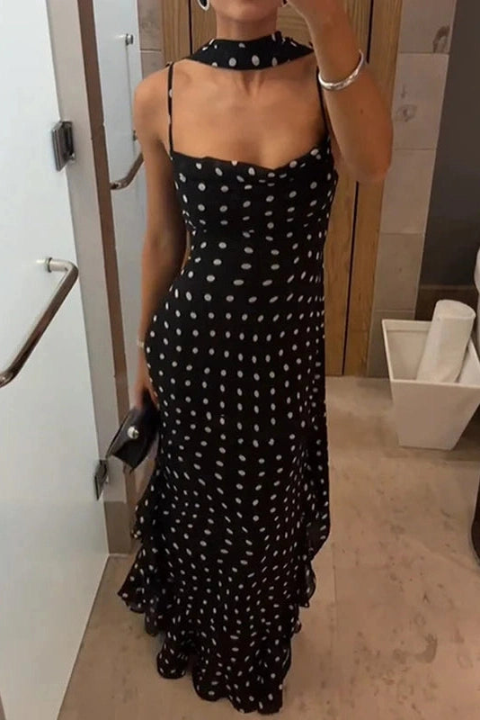 Glorol - Elegant Polka Dot Scarf Fit Backless Sleeveless Maxi Dress