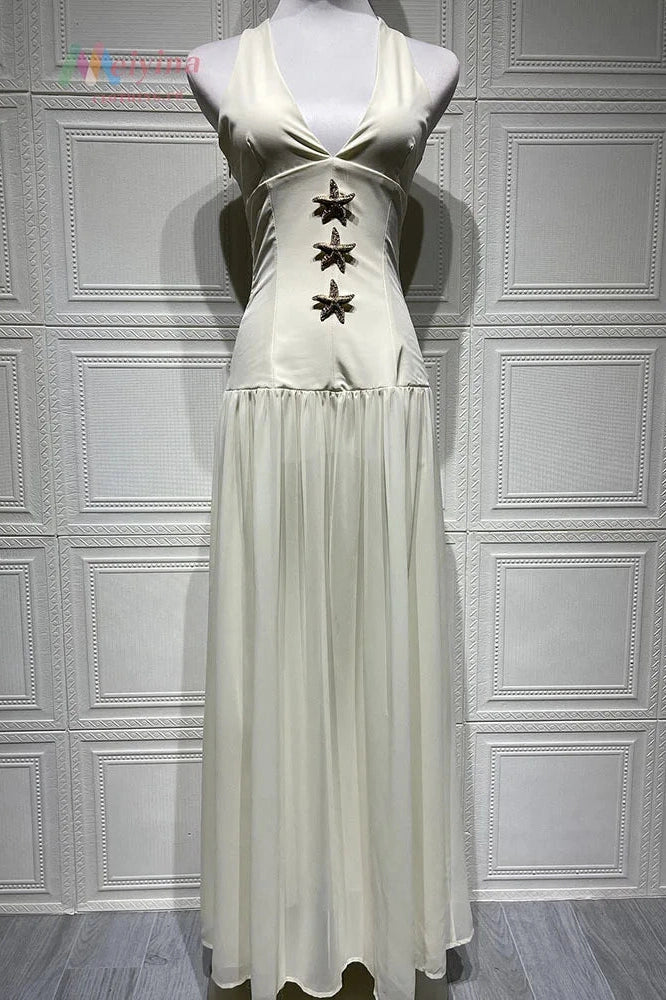 Glorol - Backless Deep V Neck Sleeveless Maxi Dress