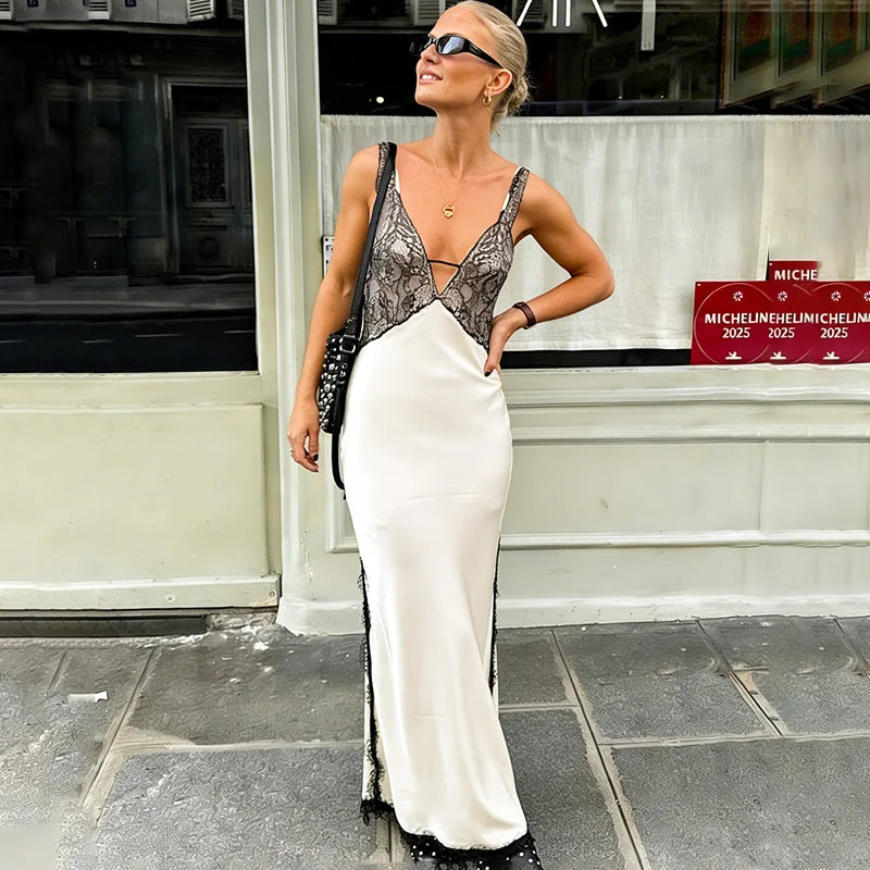 Glorol - Elegant Deep V-Neck Patchwork Backless Maxi Dress