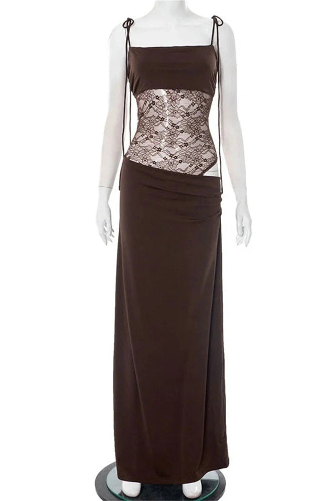 Glorol - Lace Printed Backless Slim High Waist Patchwork Maxi Dress