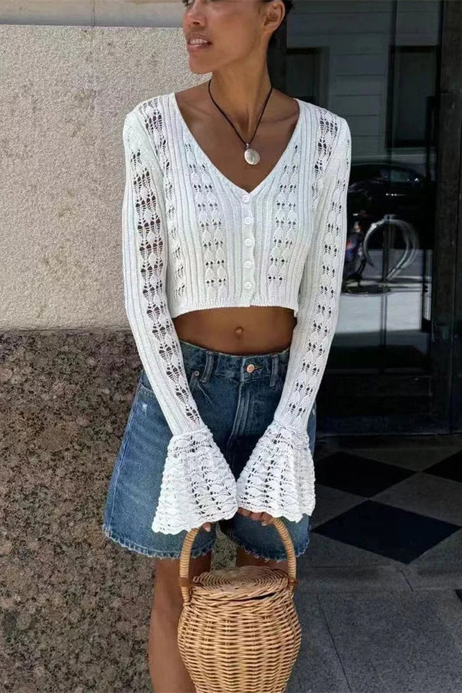 Glorol - Hollow Out V-Neck Long Sleeve Patchwork Top