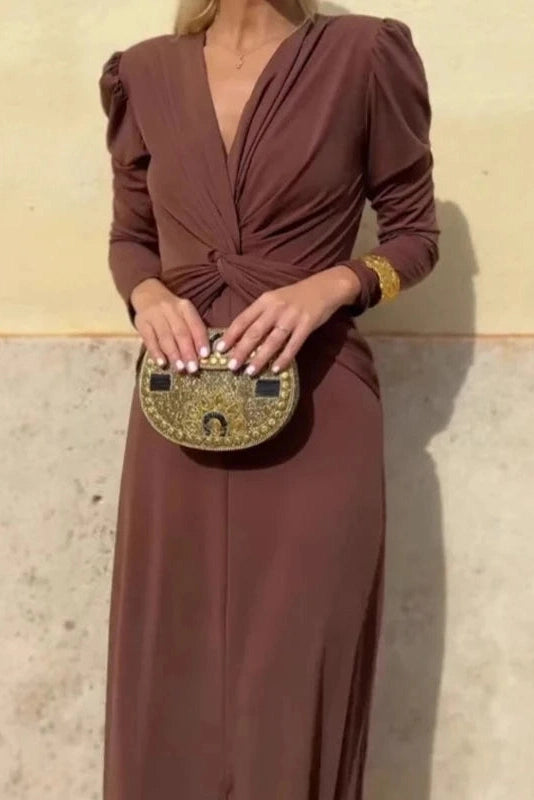 Glorol - Elegant V-Neck Slim Long Sleeve High Waist Maxi Dress