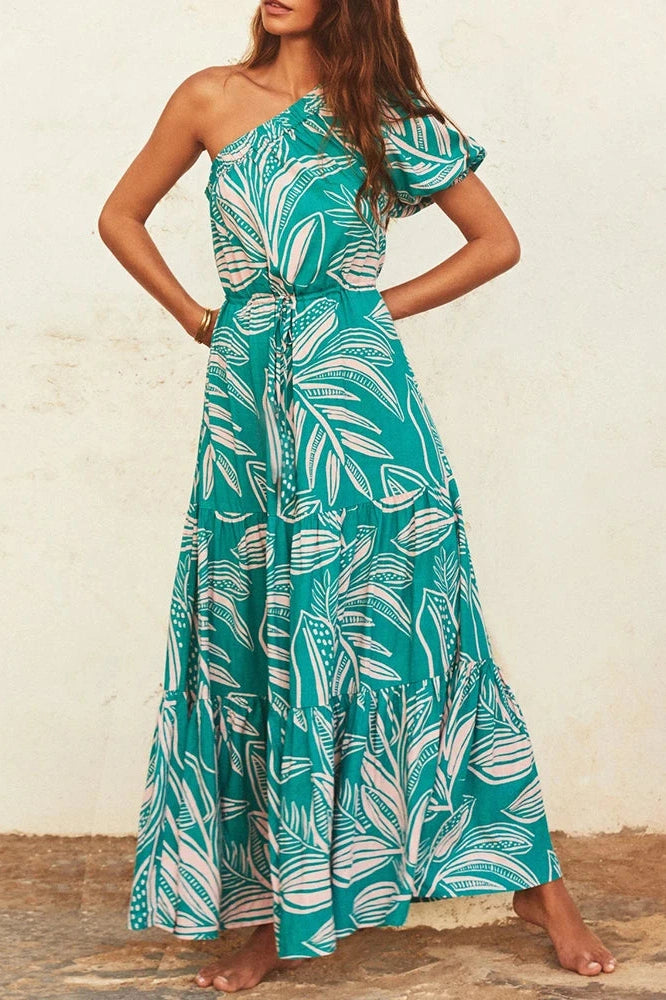 Glorol - Printed High Waist Pleated One-Shoulder Sleeve Maxi Dress