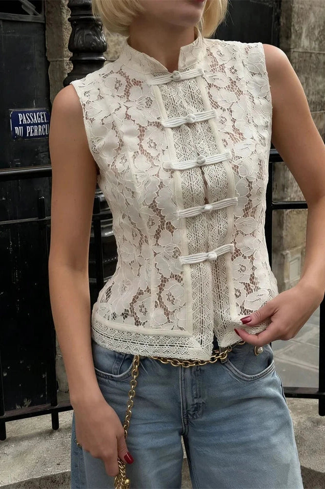 Glorol - Hollow Out Lace Sleeveless Printed Patchwork Top