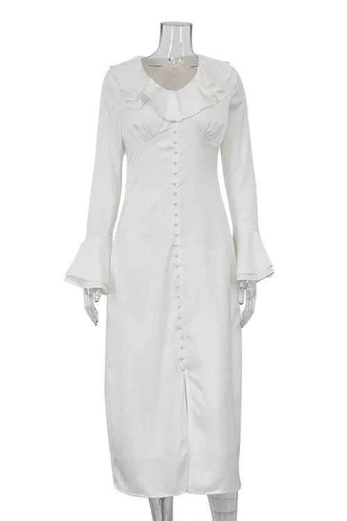 Glorol - Elegant V Neck Slim Long Sleeve High Waist Midi Dress