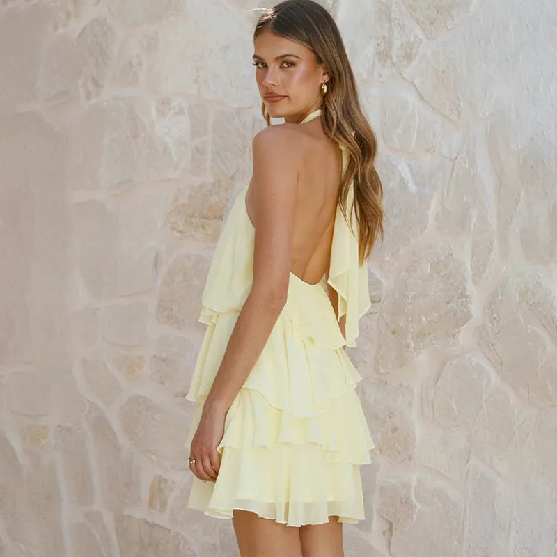 Glorol - Elegant Flower Lace-Up Patchwork Mini Dress