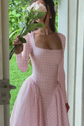 Glorol - Plaid Long Sleeve Pleated Square Collar High Waist A-line Midi Dress